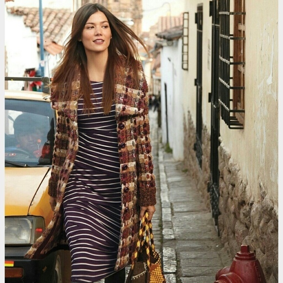 Anthropology Butter Soft Bodycone Tiered Striped Midi Office Career fall Dress L - Picture 1 of 8